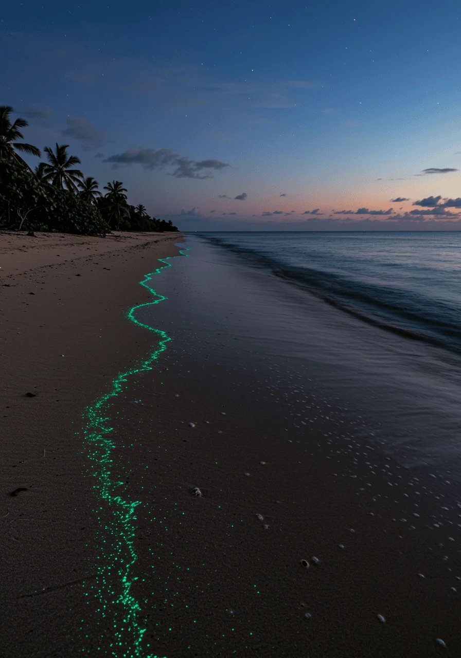 Bioluminescent plankton glowing on the beach at night