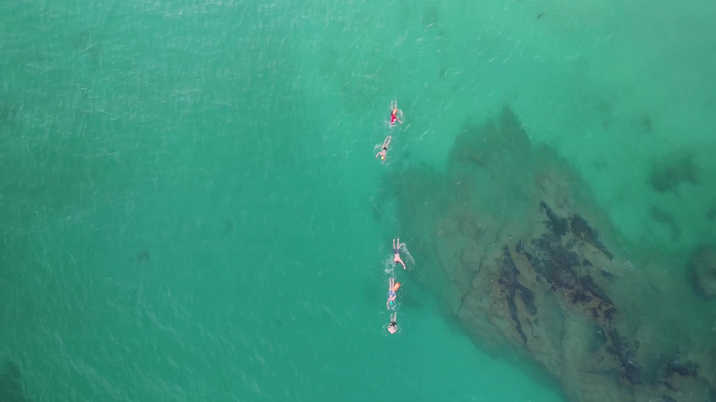 Swimmers in turquoise water from above