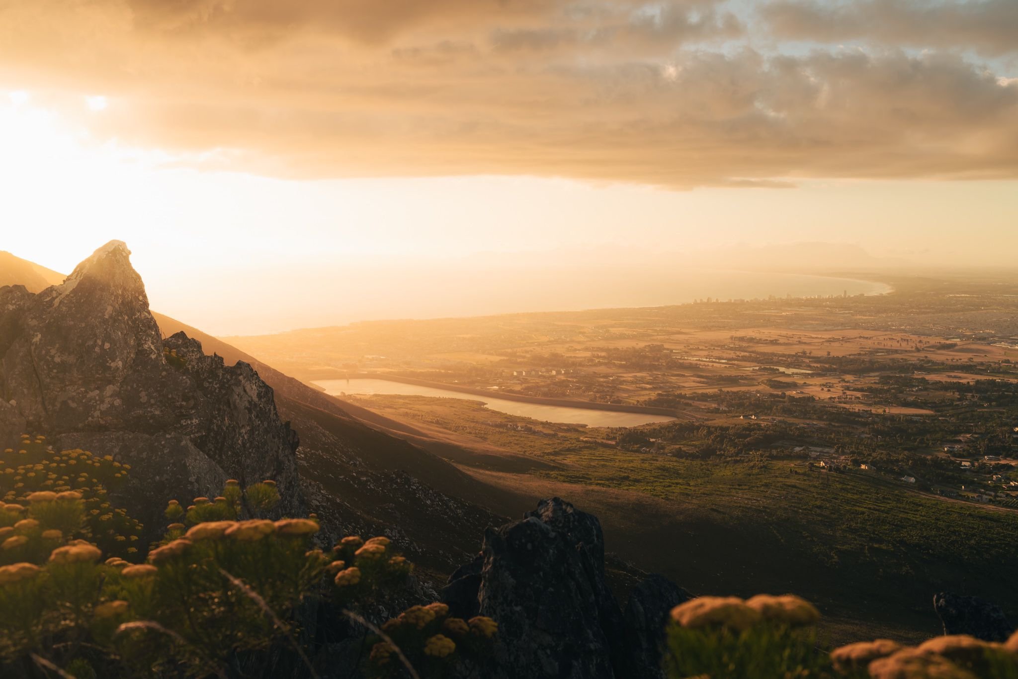 Cape Town golden hour mountain valley aerial view