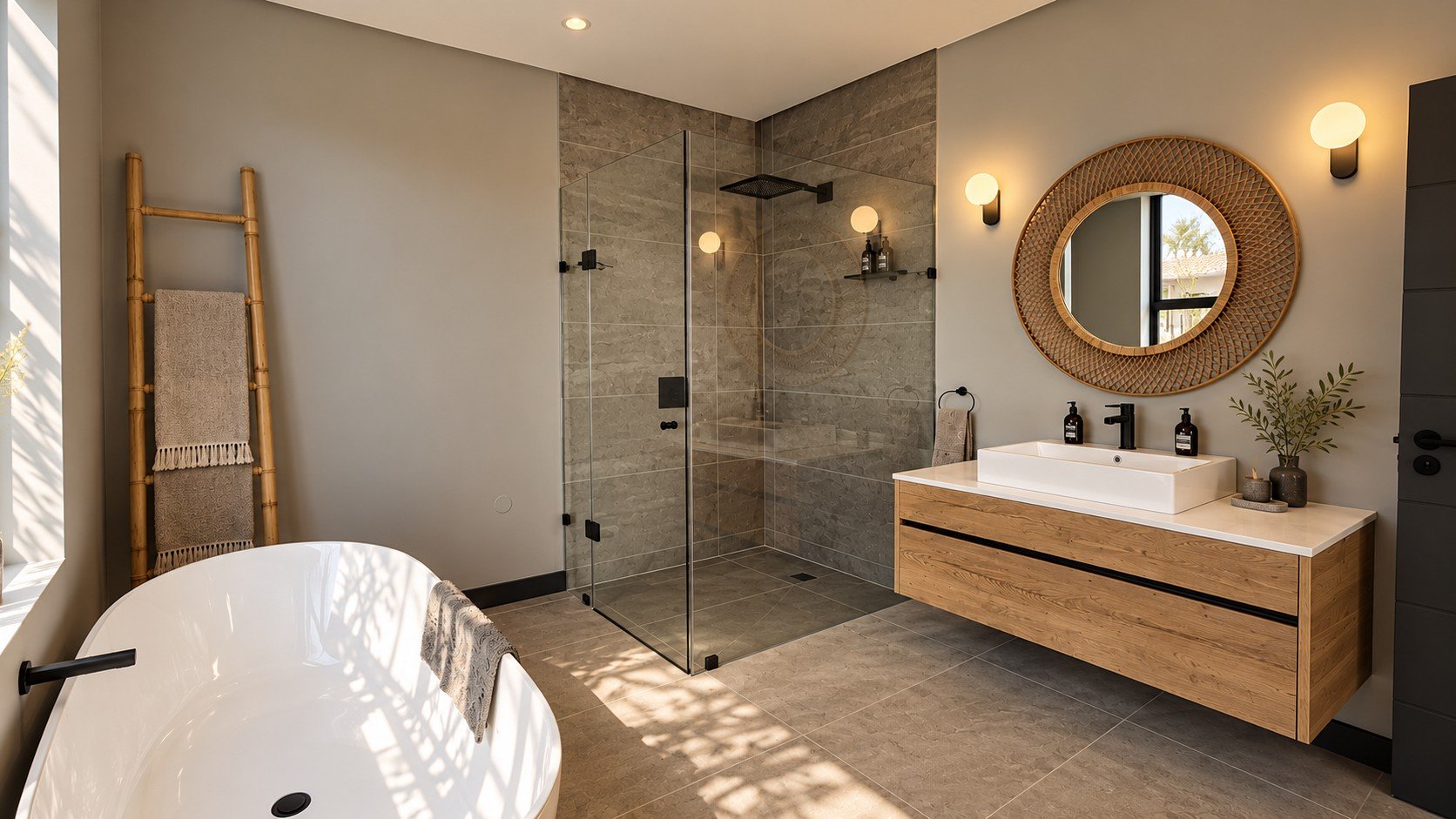 Sunset Beach Villa bathroom with freestanding tub and walk-in shower