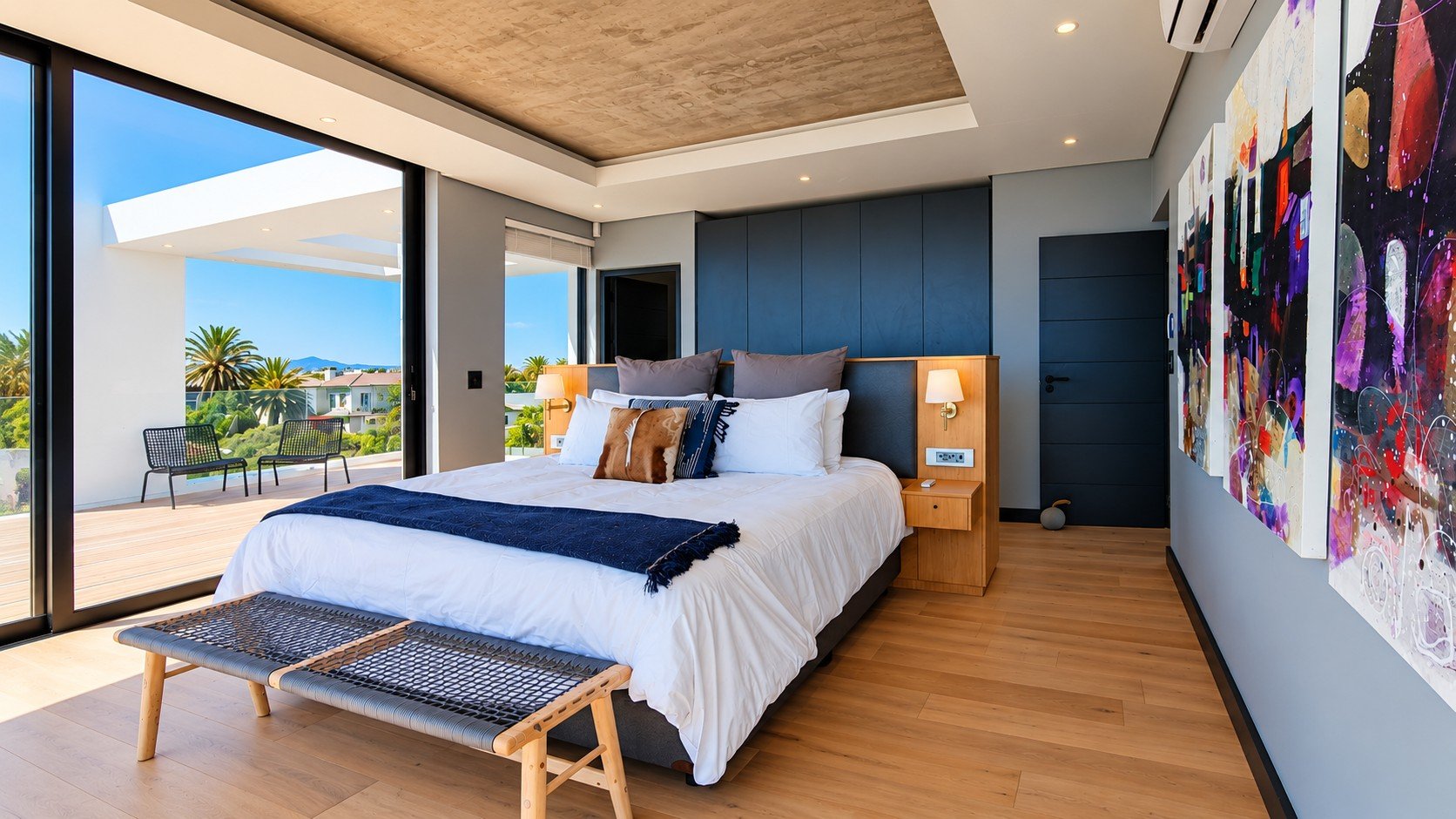 Sunset Beach Villa bedroom with wood headboard