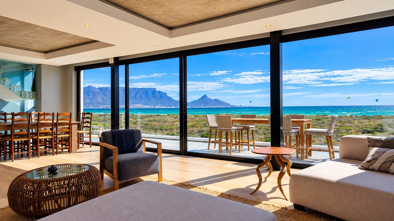 Sunset Beach Villa open-plan living area with mountain view