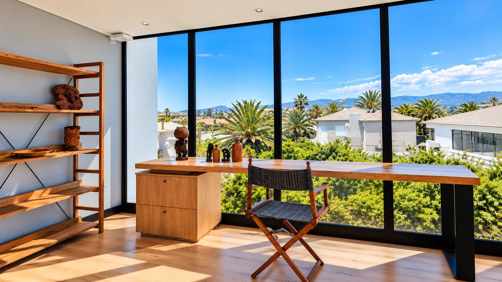 Sunset Beach Villa office nook with palm tree view