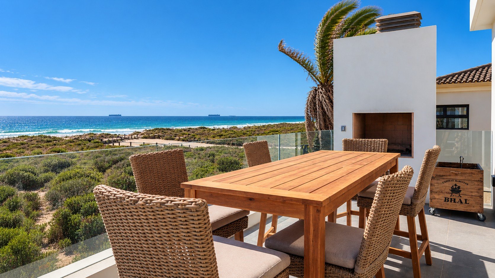 Sunset Beach Villa outdoor dining terrace with built-in fireplace