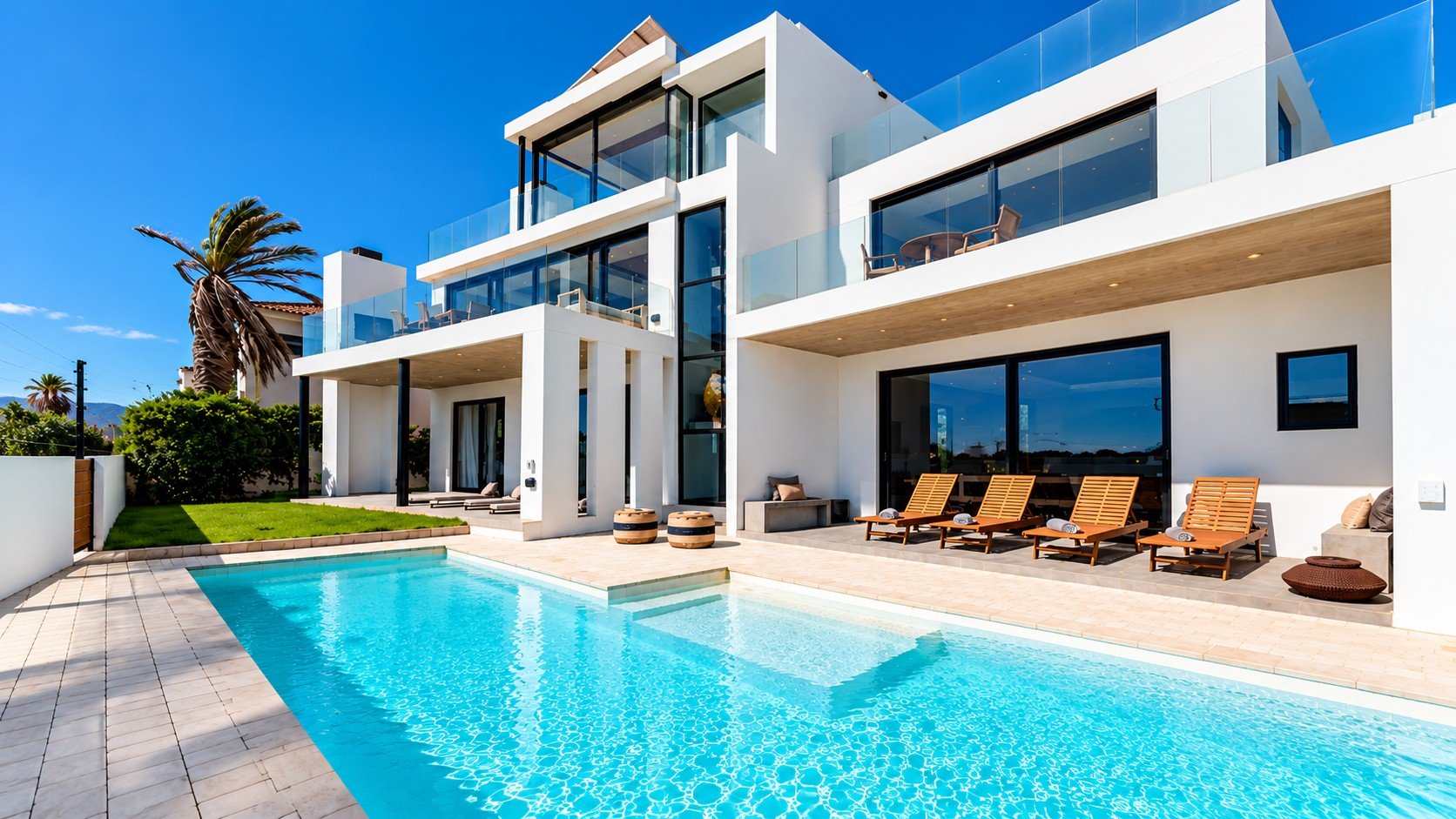 Sunset Beach Villa covered patio and pool with sun loungers
