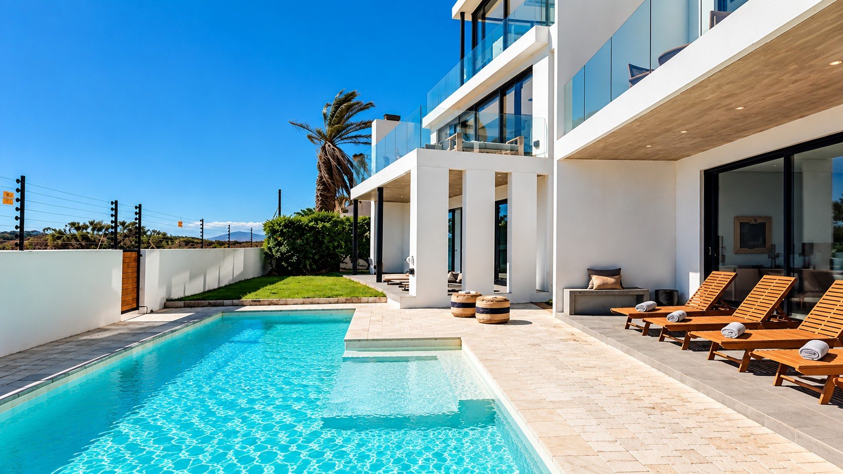 Sunset Beach Villa exterior with pool, sun loungers and palm tree