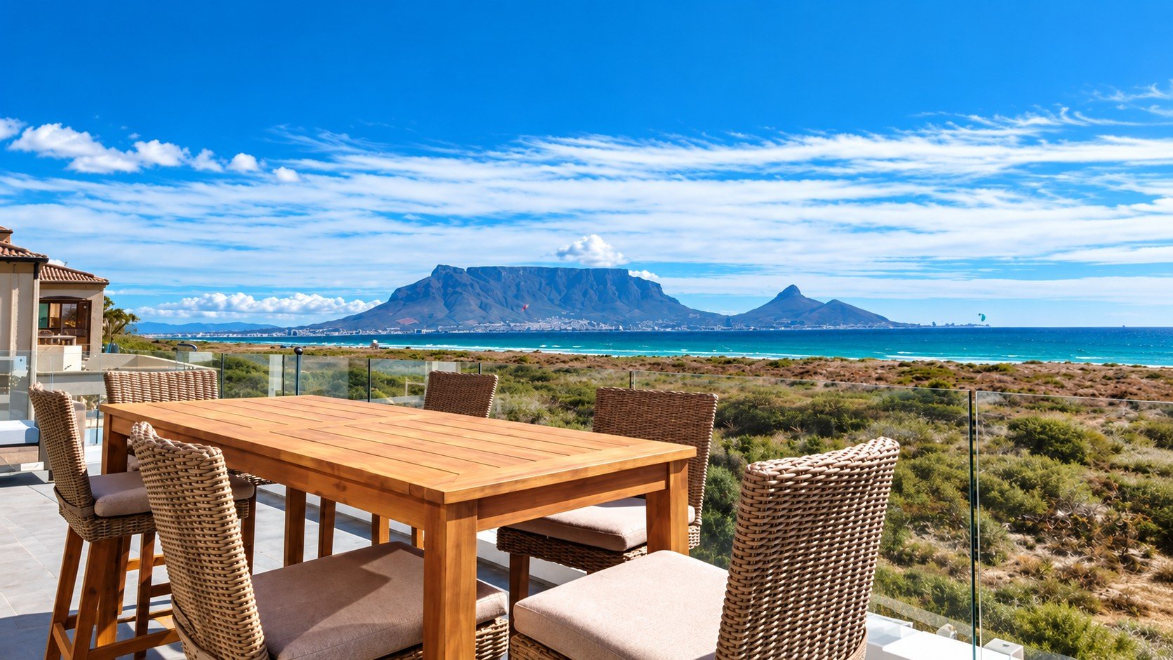 Sunset Beach Villa rooftop dining table overlooking Table Mountain and the ocean