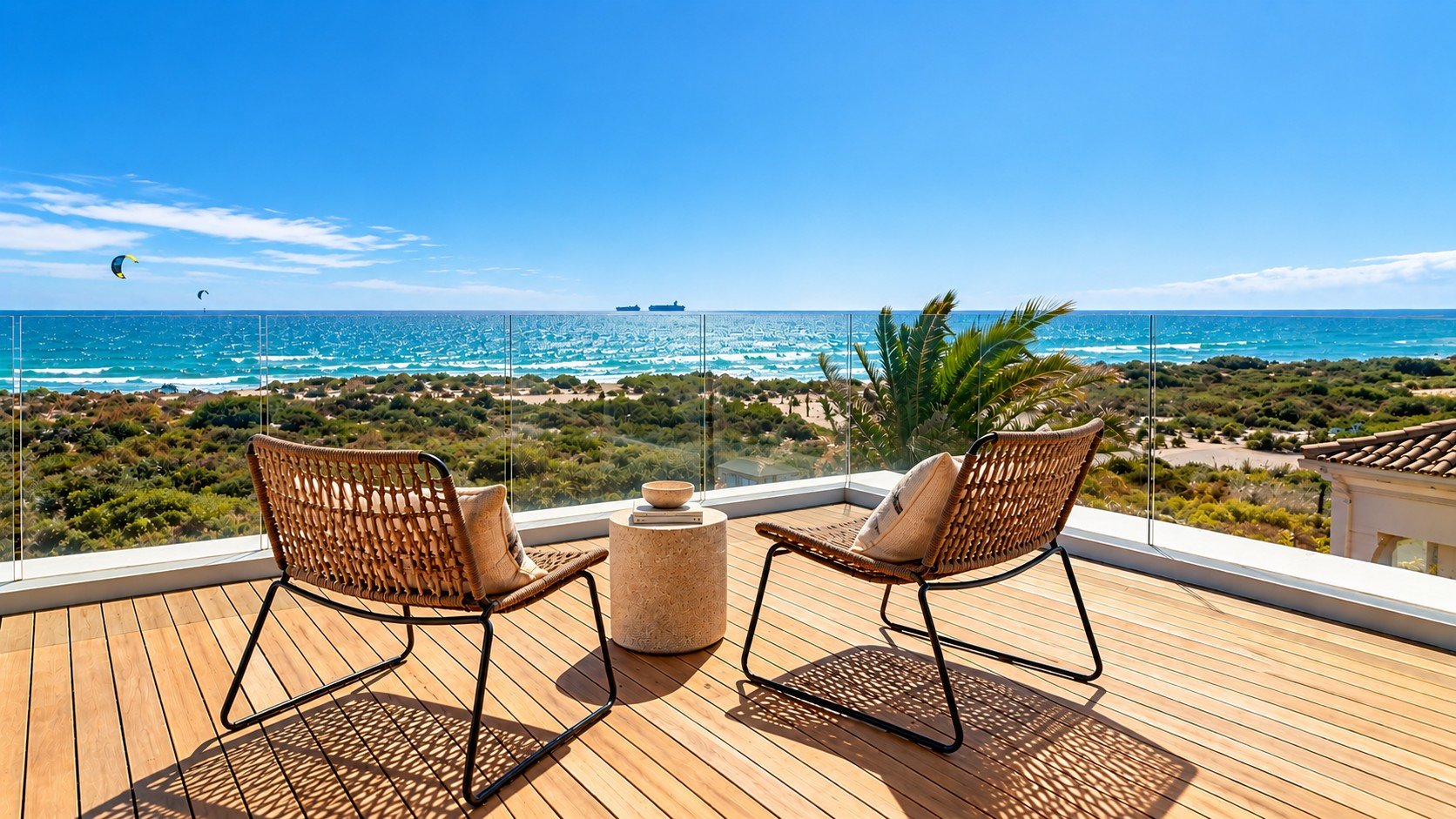 Sunset Beach Villa terrace with lounge chairs overlooking the coast