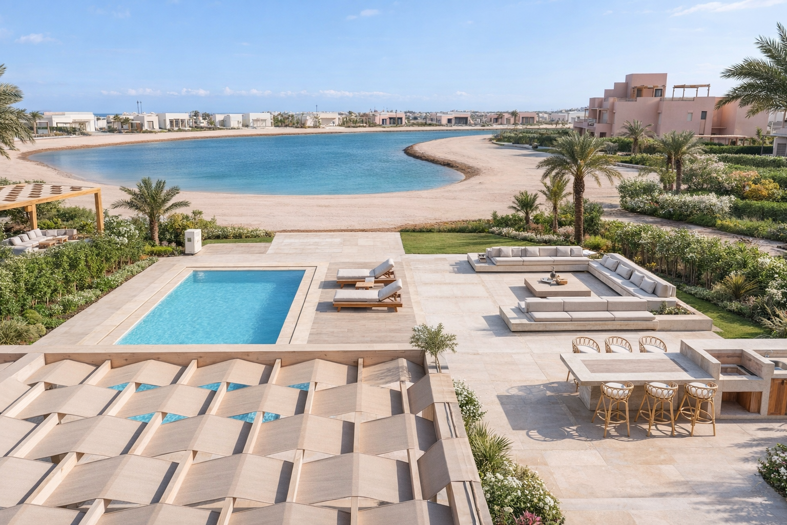 El Gouna villa aerial view with pool and lagoon