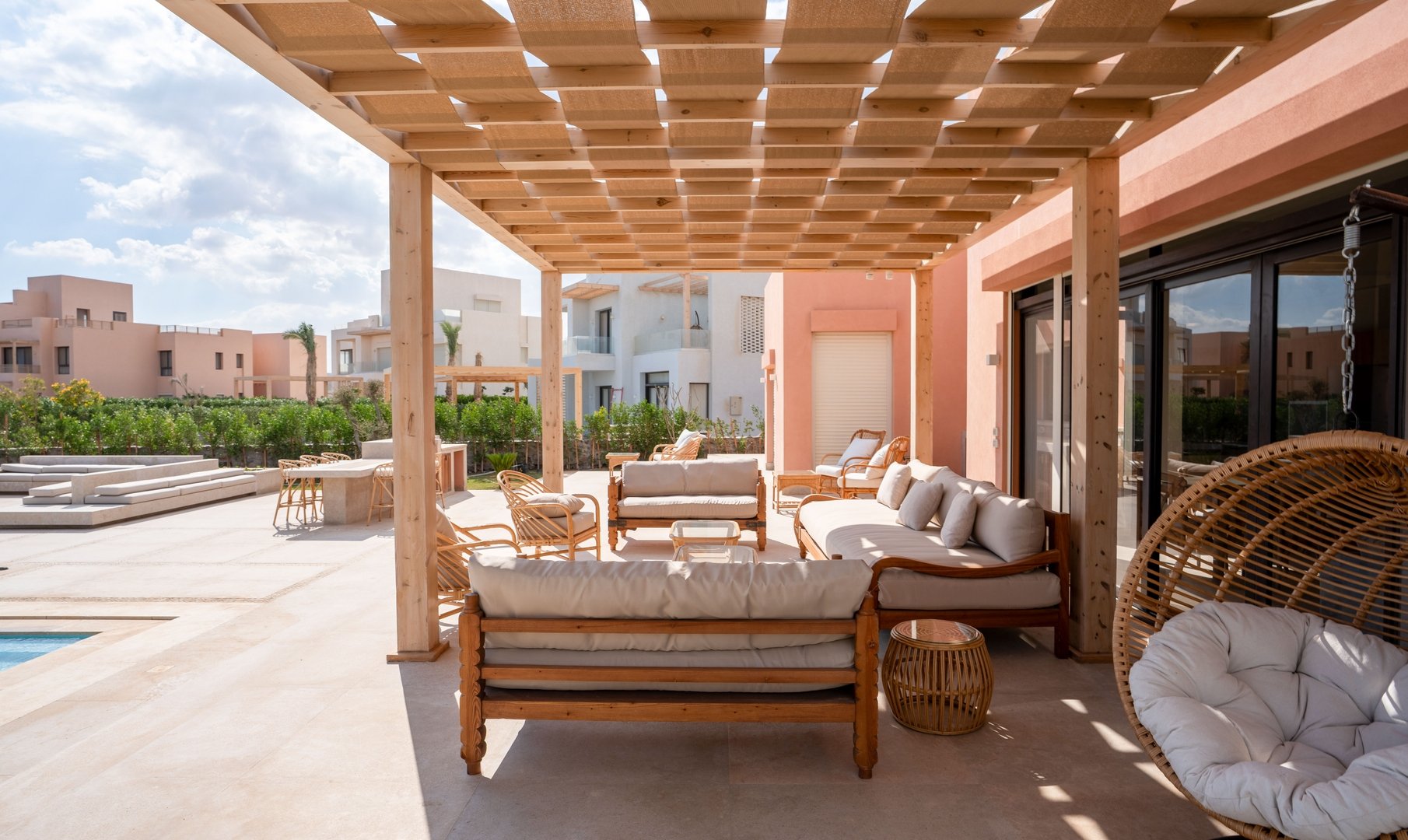 El Gouna villa covered terrace with lounge seating