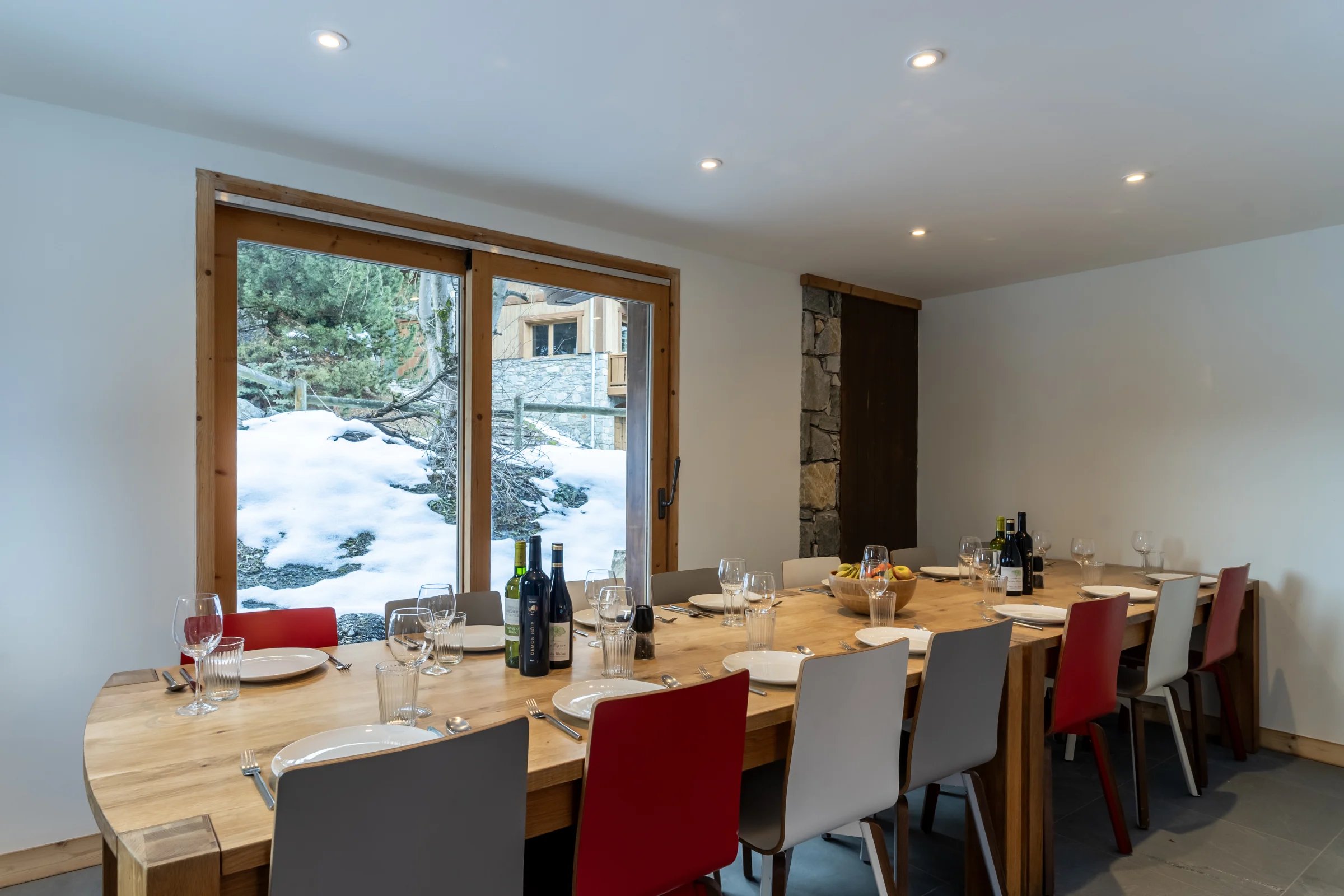 Meribel chalet dining room with snow view