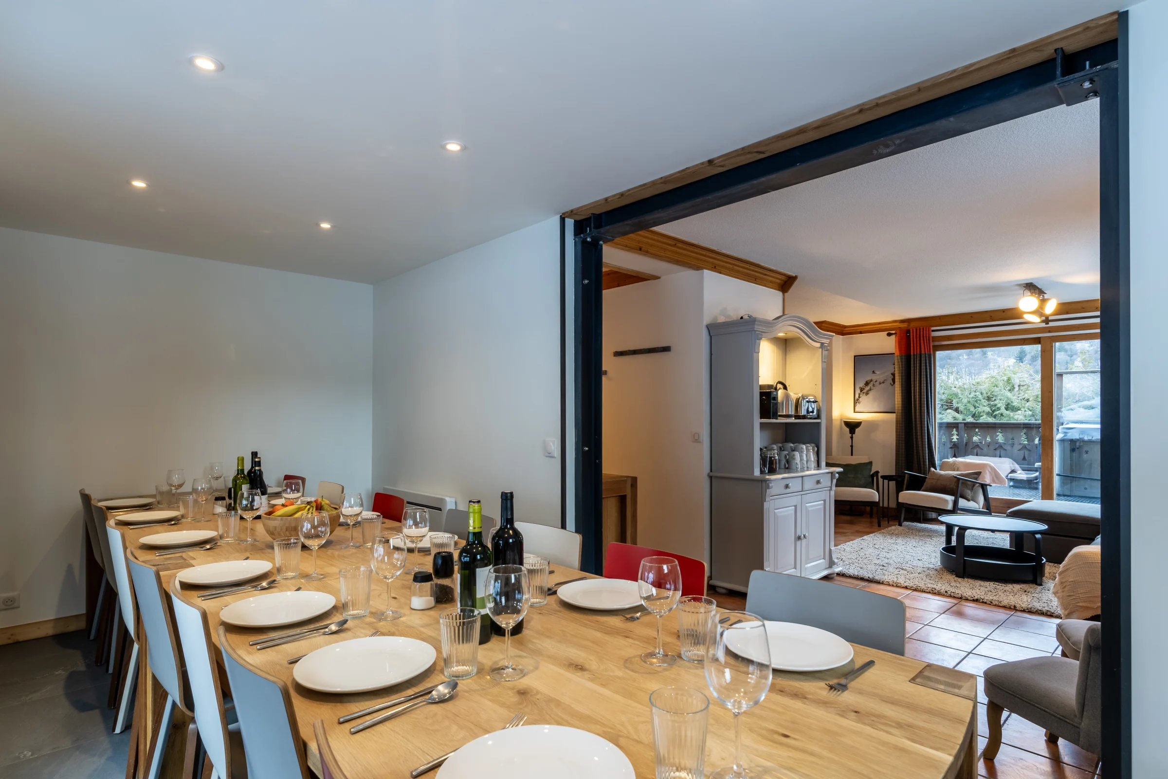 Meribel chalet dining room opening to living area