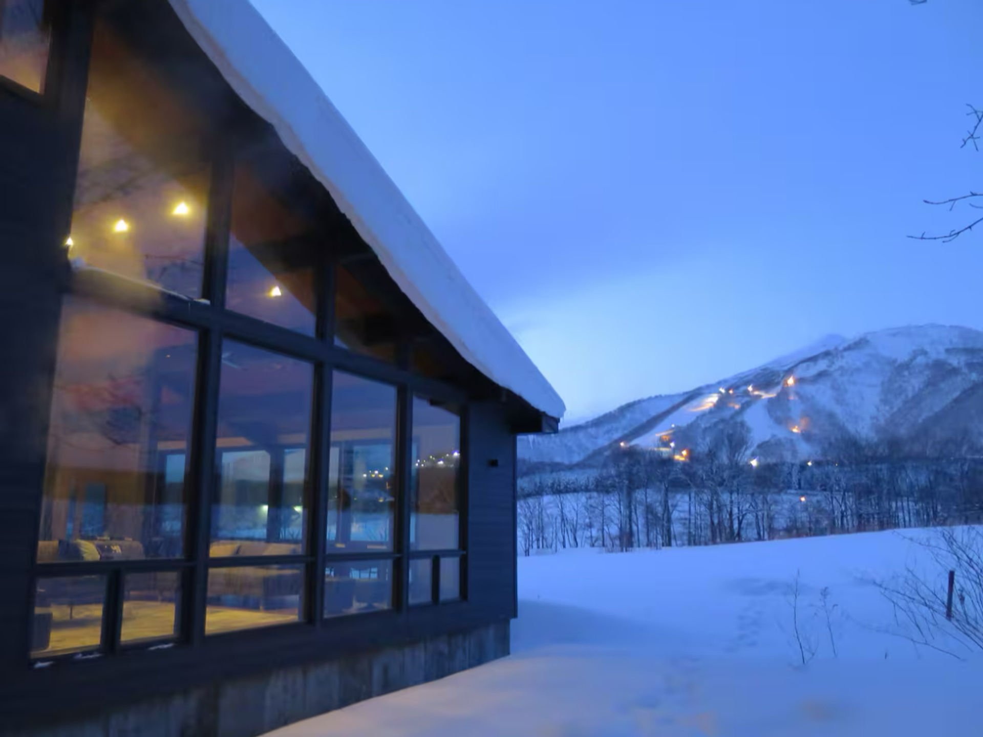 Niseko chalet exterior at night