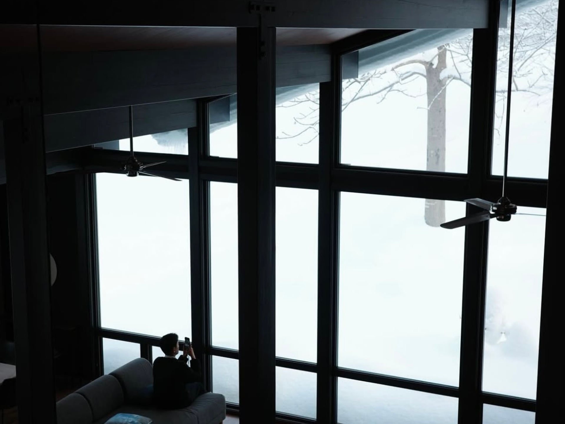 Niseko chalet tall windows with snow