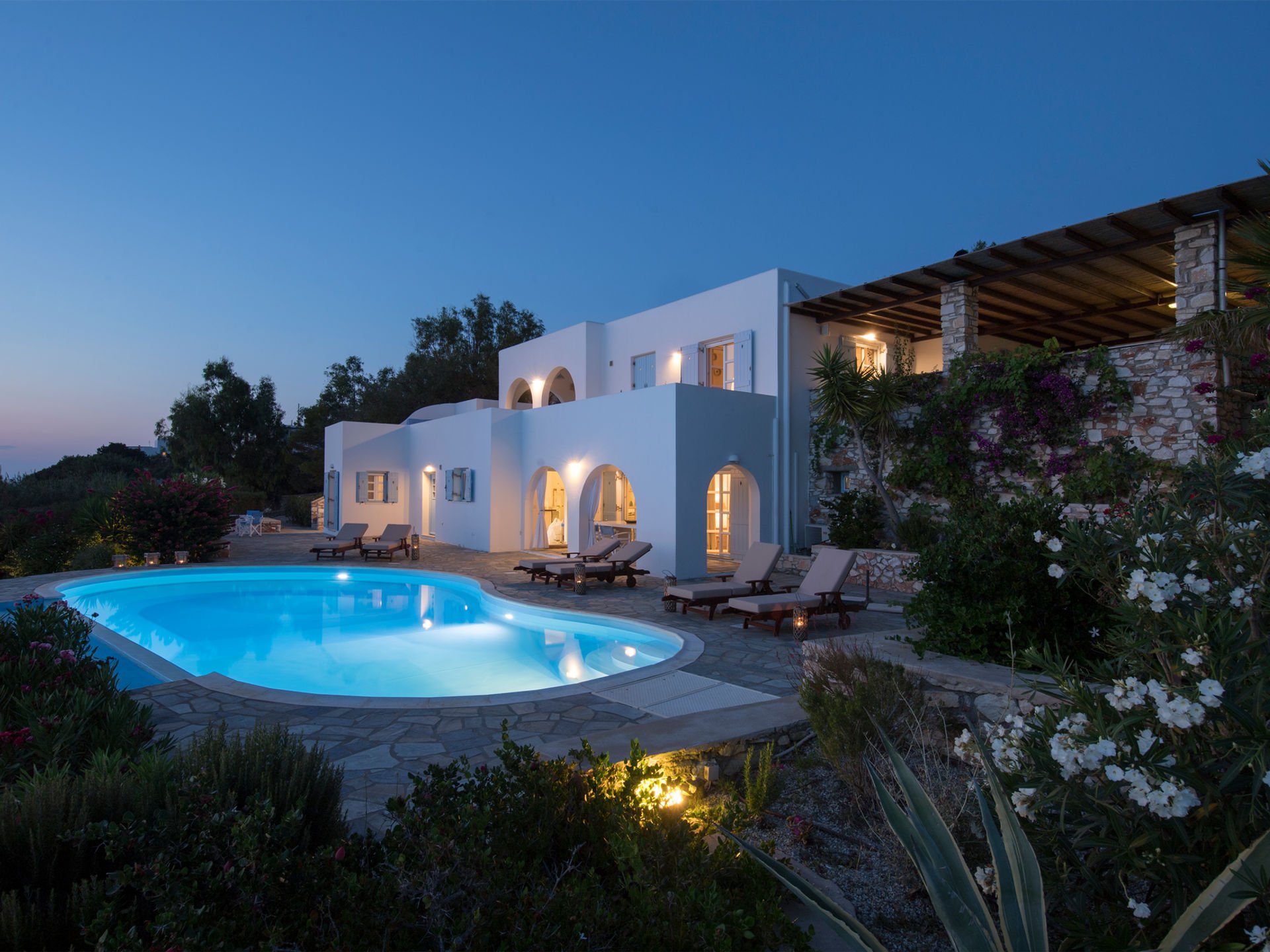 Paros villa exterior at night
