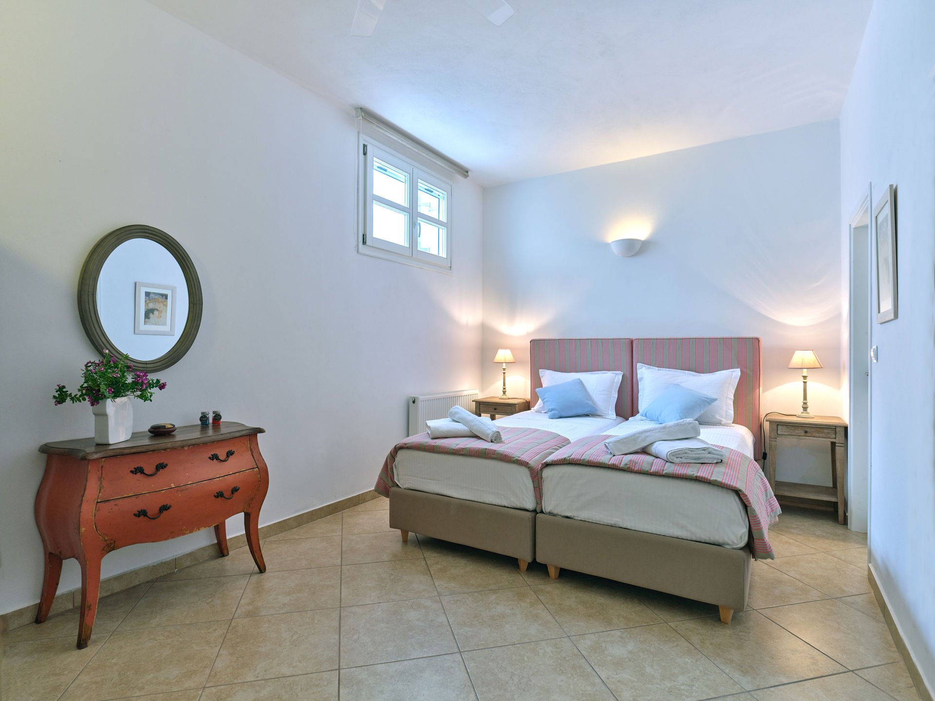 Paros villa bedroom with vintage dresser