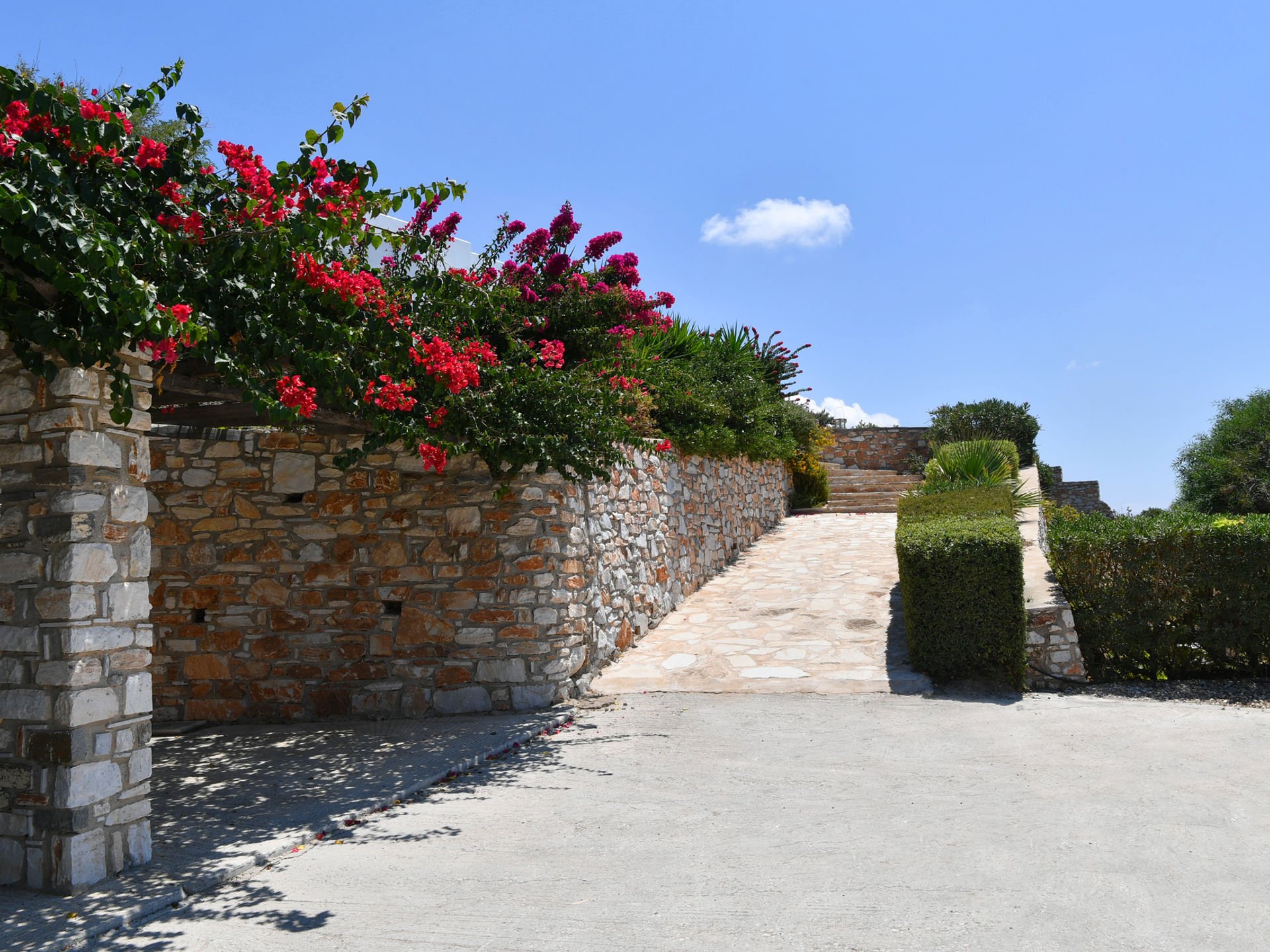 Paros villa garden path with bougainvillea