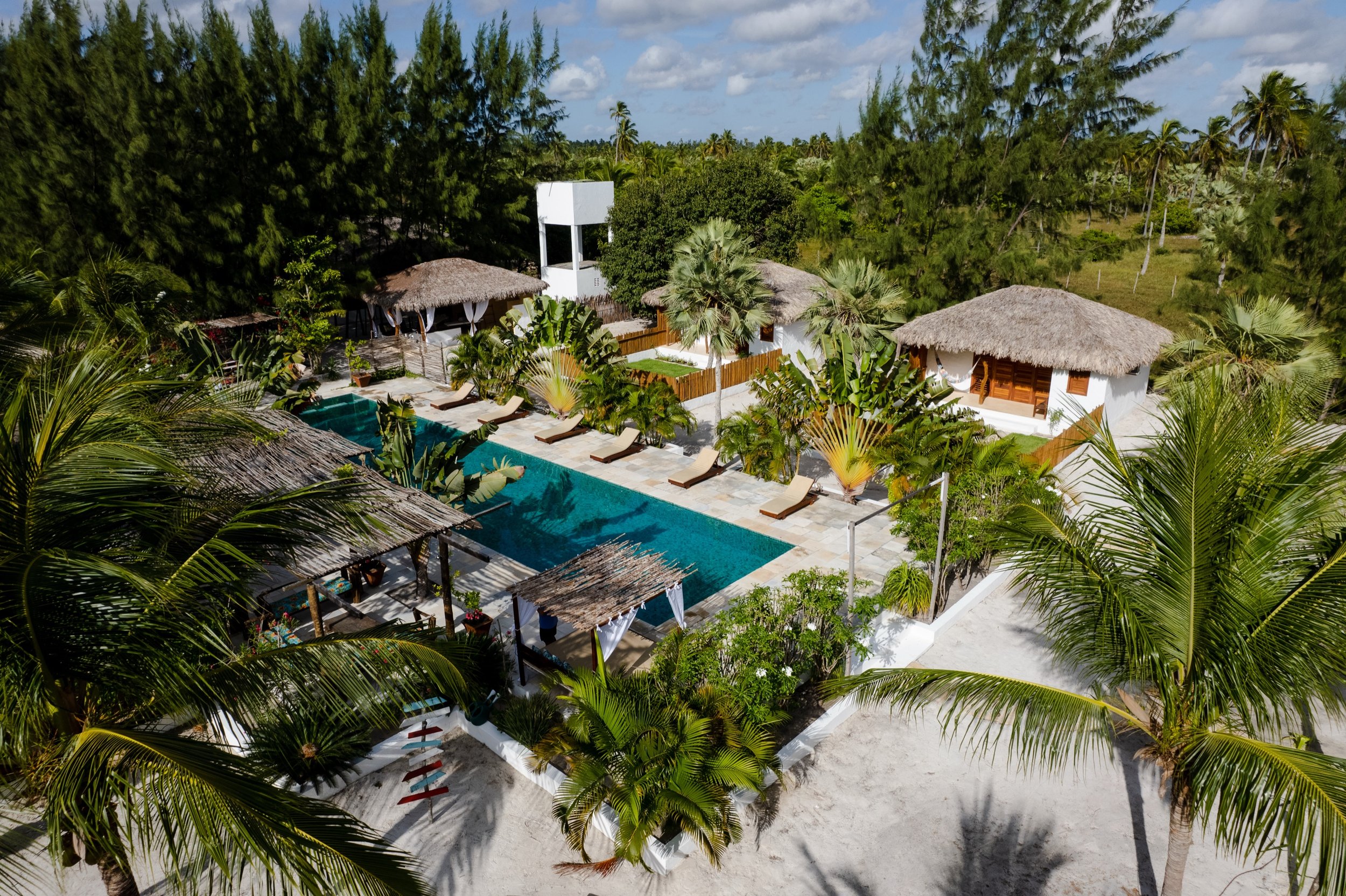 Prea villa aerial pool with beach and palms