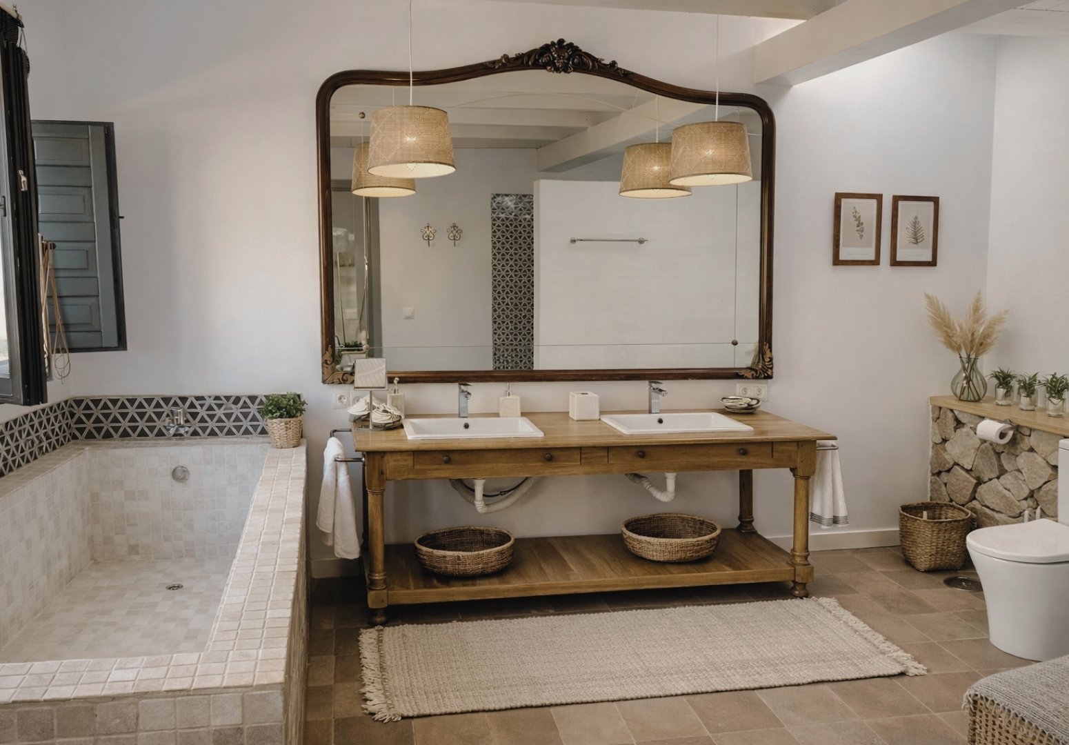 Tarifa villa bathroom with ornate mirror and bathtub
