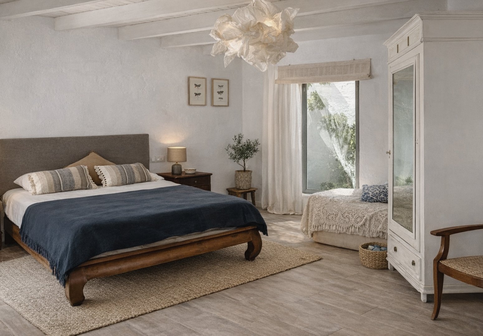 Tarifa villa bedroom with navy coastal decor