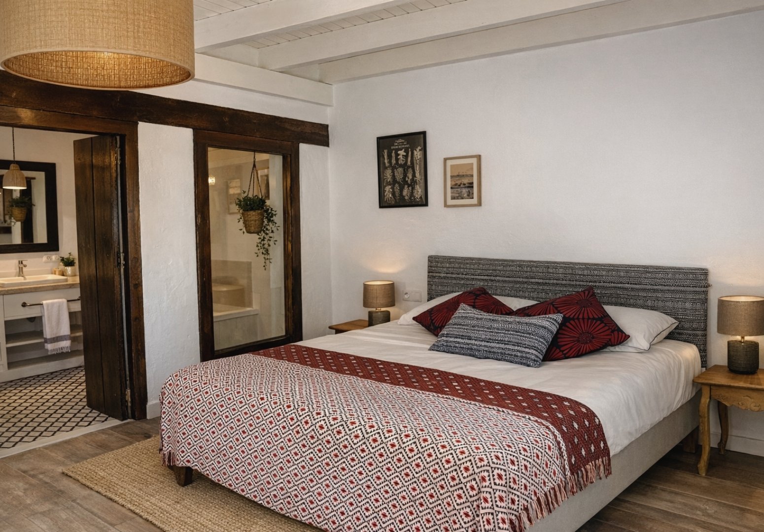 Tarifa villa bedroom with patterned bedspread and ensuite