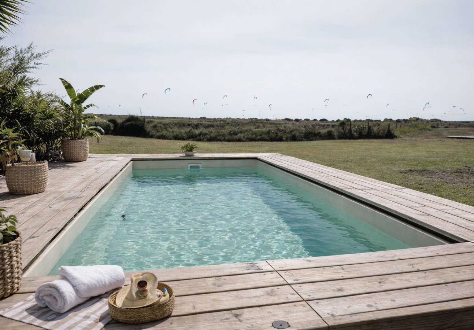 Tarifa villa pool with kites in the distance