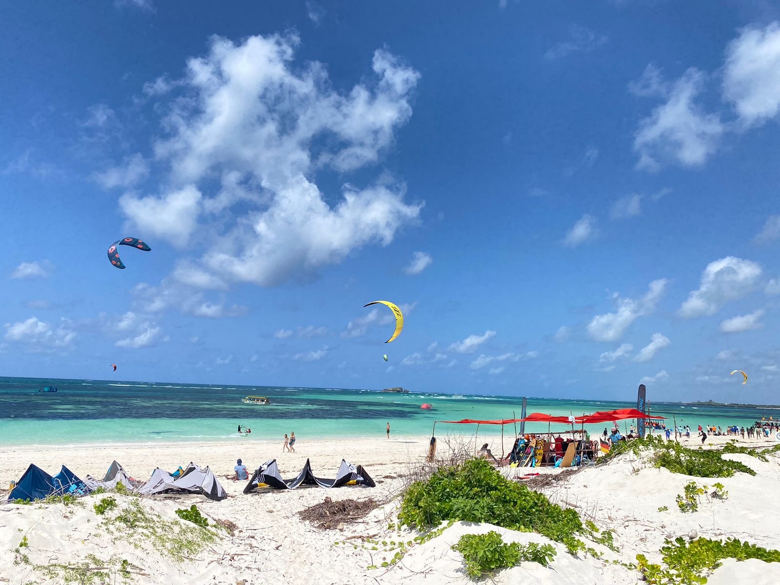 Busy kitesurf beach with colorful kites in Watamu